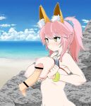  1girl animal_ear_fluff animal_ears bar_censor beach bikini bikini_top_only blue_bikini blush breast_hold breast_squeeze breasts censored disembodied_penis eyebrows_visible_through_hair fate/grand_order fate_(series) fox_ears fox_girl misabon ocean penis penis_to_breast pink_hair shore solo_focus swimsuit tamamo_(fate) tamamo_no_mae_(swimsuit_lancer)_(fate) 