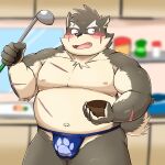  anthro asian_clothing belly blush bulge canid canine canis clothing domestic_dog east_asian_clothing embarrassed fundoshi hi_res japanese_clothing kitchen_utensils ladle lifewonders male mammal mohumohudansi moritaka musclegut navel nipples pecs solo tokyo_afterschool_summoners tools underwear video_games 