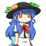  1girl back_bow bangs black_headwear blue_bow blue_hair blue_skirt bow bowtie chibi closed_mouth collared_shirt english_commentary eyebrows_visible_through_hair food fruit hair_between_eyes hat hat_ornament hinanawi_tenshi leaf long_hair looking_at_viewer peach puffy_short_sleeves puffy_sleeves rakkidei red_bow red_bowtie red_eyes shirt short_sleeves simple_background skirt solo standing touhou white_background white_shirt 