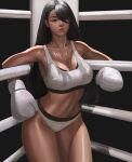  1girl absurdres bangs bare_shoulders bikini black_background black_hair blush boxing_gloves boxing_ring breasts cleavage commission hair_over_one_eye highres leaning_on_rail lips long_hair looking_at_viewer medium_breasts midriff muscular muscular_female original parted_lips playing_sports red_lips shiny shiny_hair soul_(smfa2555) sports_bikini sweat sweaty_clothes swimsuit thighs white_bikini 