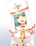  1girl absurdres blue_hair breasts eyebrows_visible_through_hair gradient gradient_background green_hair highres ishiyumi looking_at_viewer medium_breasts open_mouth orange_eyes original own_hands_together portrait priestess sailor_collar short_hair smile solo veil 