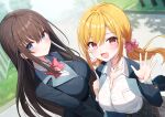  2girls :d absurdres black_jacket black_skirt blonde_hair blue_eyes blurry blurry_background blush breasts brown_hair cleavage closed_mouth collarbone collared_shirt day hair_between_eyes hair_ornament hair_ribbon hairclip highres jacket jewelry large_breasts long_hair long_sleeves multiple_girls necklace non-web_source open_mouth original outdoors pink_eyes pleated_skirt ribbon school_uniform shirt sidelocks skirt smile sparkle standing twintails waving white_shirt yon_(letter) 