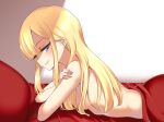  1girl areola_slip areolae bangs bed_sheet blonde_hair blue_eyes blush breasts fate_(series) gokubuto_mayuge grin long_hair looking_at_viewer lord_el-melloi_ii_case_files lying nude on_bed on_stomach pillow reines_el-melloi_archisorte sidelocks small_breasts smile solo 