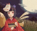  1girl closed_mouth cloud flower fox_mask fox_tail full_moon hair_flower hair_ornament holding long_sleeves mask mask_on_head mawaru_(mawaru) moon night night_sky obi original outdoors purple_flower sash sky smile solo tail wheat wide_sleeves 