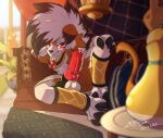  balls chair claws clothing egyptian_clothing erection exposed fur furniture gem genitals gingy_k_fox lounge_chair lycanroc midnight_lycanroc nintendo orange_body orange_fur outside penis pillow pok&eacute;mon pok&eacute;mon_(species) public public_exposure red_eyes sitting solo video_games 