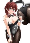  1girl animal_ears aqua_eyes ass bare_shoulders blush braid breasts brown_hair closed_mouth detached_collar emma_verde fake_animal_ears fake_tail fishnet_pantyhose fishnets highres large_breasts looking_at_viewer love_live! love_live!_nijigasaki_high_school_idol_club multiple_views nail_polish pantyhose playboy_bunny rabbit_ears simple_background tail twin_braids white_background wrist_cuffs yopparai_oni 