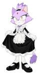  1girl animal_ears animal_nose apron black_dress black_footwear blaze_the_cat blaze_the_cat_(maid) blush closed_mouth dexter308917 dress frills full_body furry furry_female gloves highres maid maid_apron mary_janes official_alternate_costume ponytail shoes simple_background solo sonic_(series) sonic_speed_simulator standing tail white_background white_gloves yellow_eyes 