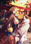  1girl 3boys baby babywearing blonde_hair blue_eyes blurry bokeh braid brown_hair child closed_mouth colored_tips dated depth_of_field drooling dutch_angle falling_leaves family fence forked_eyebrows from_behind hair_over_shoulder haori happy highres holding_hands japanese_clothes kimetsu_no_yaiba kimono leaf long_hair long_sleeves looking_at_viewer looking_back multicolored_hair multiple_boys new_year nyapon outdoors ponytail red_eyes red_hair rengoku_kyoujurou rengoku_ruka rengoku_senjurou rengoku_shinjurou retaining_wall seigaiha shide single_braid sleeping smile stone_lantern streaked_hair torii twilight wide_sleeves wind younger 
