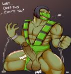  anthro balls barazoku big_balls big_penis bottomwear bottomwear_aside bound chain clothing clothing_aside embarrassed erection genitals hi_res imminent_sex loincloth loincloth_aside male male_focus mortal_kombat muscular muscular_male muscular_thighs netherrealm_studios oni_draws penis reptile reptile_(mortal_kombat) scalie solo solo_focus video_games 