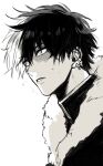  1boy bangs boku_no_hero_academia burn_scar ear_piercing earrings face from_side fur-trimmed_jacket fur_trim greyscale heterochromia high_collar jacket jewelry long_bangs male_focus meta_(onipero_gm03) monochrome multicolored_hair multiple_piercings parted_lips piercing portrait scar scar_on_face short_hair solo split-color_hair todoroki_shouto two-tone_hair 