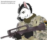  alpha_channel anthro assault_rifle black_body black_clothing black_fur black_gloves black_hair black_handwear black_nose canid canine canis cheek_tuft clothing demireality domestic_dog facial_tuft famas front_view fur glistening glistening_eyes glistening_nose gloves green_clothing green_topwear gun hair handwear holding_gun holding_object holding_weapon kitsunebi_(artist) male mammal pink_inner_ear ranged_weapon rifle simple_background solo topwear transparent_background tuft weapon white_body white_ears white_fur yellow_eyes 