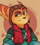  anthro assassyart brown_nose clothed clothing fur green_eyes hi_res lombax male mammal open_clothing open_topwear open_vest ratchet ratchet_and_clank solo sony_corporation sony_interactive_entertainment topwear vest video_games yellow_body yellow_fur 