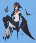  1girl absurdres animal_feet animal_hands armlet bird bird_girl bird_tail bird_wings black_hair black_skin blonde_hair blue_background claws colored_skin daon_(kenta111881) feather_hair feathered_wings full_body hand_up harpy highres knees_up looking_away monster_girl nude original red_hair red_skin solo swallow_(bird) tail talons white_skin winged_arms wings yellow_eyes 