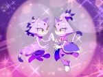  2girls animal_ears blaze_the_cat blaze_the_cat_(magical_girl) bow bowtie cass_terra_22 cat_ears cat_girl cat_tail commentary dress dual_persona forehead_jewel furry furry_female gloves highres magical_girl multiple_girls official_alternate_costume pink_bow pink_bowtie purple_dress purple_hair purple_theme short_ponytail smile sonic_(series) sonic_speed_simulator sparkle symbol-only_commentary tail white_gloves yellow_eyes 
