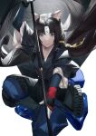  1boy animal_ears arknights bangs belt black_hair blazpu cape character_request commentary facial_mark facing_viewer fingerless_gloves forehead forehead_mark gloves grey_eyes hair_ornament highres holding holding_weapon long_hair long_sleeves looking_at_viewer male_focus parted_bangs simple_background solo weapon white_background wide_sleeves 