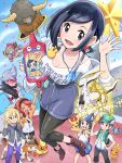  3boys 3girls absurdres armband bag baseball_cap bettie_(pokemon) black_hair black_shirt blonde_hair blue_skirt breasts coat collarbone earrings eyelashes flareon fur-trimmed_coat fur_trim gloves grey_eyes grey_hair hair_bun hairband hat highres holding hoopa hoopa_(confined) jacket jewelry kana_(pokemon) lear_(pokemon) long_sleeves looking_at_viewer lycanroc lycanroc_(dusk) multiple_boys multiple_girls navel necktie off_shoulder open_clothes open_jacket open_mouth pants paulo_(pokemon) pikachu pokemoa pokemon pokemon_(creature) pokemon_masters_ex poryphone purple_hair red-tinted_eyewear red_hair red_necktie scottie_(pokemon) shirt short_hair short_sleeves shorts skirt smile spiked_hair sunglasses swept_bangs teeth tina_(pokemon) tinted_eyewear tongue upper_teeth_only white_coat white_jacket white_shirt 