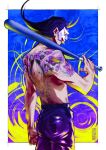  1boy abs artist_name back baseball_bat black_hair black_pants blue_background brown_eyes covered_navel eyebrows eyepatch ginkochama gloves hannya highres horns irezumi ke majima_gorou male_focus mask metal_baseball_bat multicolored_background no_mouth pants ryuu_ga_gotoku ryuu_ga_gotoku_0 short_sword snake snake_tattoo sword tattoo thick_eyebrows topless_male weapon yakuza younger 