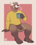  &lt;3 absurd_res anthro balls beverage big_balls bodily_fluids clothing coffee foreskin genital_fluids genitals hi_res male mammal no_pants penis procyonid pubes raccoon smile solo solo_focus sugaryhotdog sweater topwear 