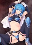  1girl armor arms_up belt blue_eyes blue_hair breasts elbow_gloves elf gloves greaves kirishima_satoshi navel original pauldrons pointy_ears short_hair shoulder_armor sleeveless solo sword thighhighs weapon 