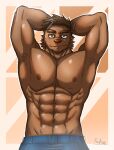  abs anthro bottomwear brown_body brown_fur clothing fuchikobaku fur hands_behind_back hi_res humanoid male mammal muscular nipples pants solo ursid 