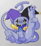  2019 anus balls clothing darkner deltarune digital_media_(artwork) feet fool&#039;s_hat genitals hat headgear headwear hi_res humanoid_pointy_ears imp jester jevil_(deltarune) male mammal mostly_nude nipples not_furry open_mouth penis sharp_teeth simple_background solo teeth thirstspace tongue tongue_out undertale_(series) video_games 