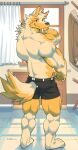 4_toes 5_fingers anthro barefoot biceps black_clothing black_underwear clothing fangs feet fingers fur grey_eyes hi_res kuulongarl looking_at_viewer male mammal muscular muscular_anthro muscular_male rear_view sabertooth seidou_daiga_(kuulongarl) solo teeth toes underwear yellow_body yellow_fur