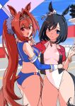  2girls animal_ears ass black_hair blue_sky cowboy_shot crown daiwa_scarlet_(umamusume) detached_sleeves eishin_flash_(umamusume) fang highres holding holding_umbrella kajino_(aosansai) leotard long_hair looking_at_viewer multiple_girls open_mouth race_queen sky smile swimsuit thighs umamusume umbrella very_long_hair 