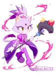  1girl animal_ears blaze_the_cat blaze_the_cat_(magical_girl) cass_terra_22 cat_ears cat_girl cat_tail commentary_request dress forehead_jewel full_body furry furry_female highres holding holding_staff korean_commentary magical_girl official_alternate_costume purple_dress purple_fur purple_hair short_ponytail signature solo sonic_(series) sonic_speed_simulator staff standing tail white_background yellow_eyes 