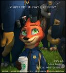  2022 anthro black_border border bottomwear canid canine claws clothed clothing dialogue digital_media_(artwork) disney english_text feet felid fingers fox fur glistening glistening_eyes grass green_eyes group hat headgear headwear holding_object kotyami lawn looking_at_another male male/male mammal necktie nick_wilde officer orange_body orange_fur outside pantherine pants paws plant police police_badge police_cap police_hat police_officer police_uniform shirt size_difference smaller_male smile starbucks text tiger topwear uniform url wide_eyed zootopia 