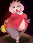 7-light-of-shadows-7 amy_rose anthro belly big_belly breasts clothing eulipotyphlan female green_eyes hedgehog hi_res mammal navel obese overweight overweight_anthro overweight_female sega solo sonic_the_hedgehog_(series) weight_gain 
