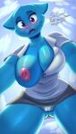  2022 anthro big_breasts blue_body blue_fur blush bottomwear breasts camel_toe cartoon_network clothed clothing dialogue domestic_cat english_text felid feline felis female fur hi_res looking_at_viewer mammal nexcoyotlgt nicole_watterson nipples one_breast_out skirt solo text the_amazing_world_of_gumball underwear 