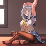  1girl arms_up bangs blue_sailor_collar blue_skirt blush breasts brown_legwear closed_eyes closed_mouth feet grey_hair hair_over_one_eye hamakaze_(kancolle) indoors kantai_collection large_breasts neckerchief pantyhose pleated_skirt sailor_collar short_hair short_sleeves simplecar sitting skirt solo stretch window yellow_neckerchief 