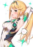 1girl absurdres alternate_hairstyle armor armpits arms_behind_back bangs blonde_hair blush breasts chest_jewel dress elbow_gloves eyebrows_visible_through_hair flying_sweatdrops gloves highres large_breasts looking_at_viewer mythra_(xenoblade) open_mouth ponytail short_dress solo swept_bangs tiara umiharu upper_body white_background white_dress white_gloves xenoblade_chronicles_(series) xenoblade_chronicles_2 yellow_eyes 