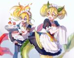  2girls 33gk310 alternate_costume apron black_choker black_legwear blonde_hair breasts choker commentary dragon_girl dragon_horns dragon_tail duel_monster eyebrows_visible_through_hair eyes_visible_through_hair fire green_hair horns looking_back maid maid_apron maid_headdress medium_breasts multicolored_hair multiple_girls open_mouth parlor_dragonmaid pointy_ears purple_eyes sevens_road_witch side_ponytail tail thighhighs towel tray twintails two-tone_hair yu-gi-oh! yu-gi-oh!_rush_duel 