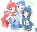 3girls alternate_costume bangs blue_eyes blue_hair blush bow bowtie brown_eyes chimame-tai commentary_request deerstalker detective fang girl_sandwich gochuumon_wa_usagi_desu_ka? grey_hair hair_ornament hat jouga_maya kafuu_chino looking_at_viewer multiple_girls natsu_megumi one_eye_closed open_mouth pen pointing pointing_at_viewer red_eyes red_hair sandwiched shorts thighhighs toma_(shinozaki) trench_coat twintails white_background white_legwear x_hair_ornament 