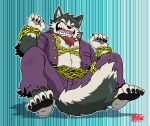  anthro canid canine canis chain clothed clothing domestic_dog eyes_closed garmr happy hi_res kemono kurumiken lifewonders male mammal smile solo tokyo_afterschool_summoners tongue video_games 