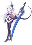  1girl absurdres bangs bare_shoulders black_footwear black_gloves blue_eyes blue_hair boots closed_mouth full_body gloves highres holding holding_sword holding_weapon honkai_(series) honkai_impact_3rd horns liliya_olenyeva long_hair miyamoya navel simple_background single_horn sleeveless solo sword tail thigh_boots thighhighs weapon white_background 