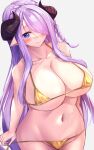  bikini blue_eyes blush braid breasts crown_braid draph gold_bikini granblue_fantasy hair_over_one_eye highres horns huge_breasts long_hair micro_bikini narmaya_(granblue_fantasy) pointy_ears potassium_oh purple_hair side_braid smile swimsuit untied untied_bikini untying upper_body very_long_hair wide_hips 