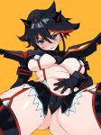  absurdres ass black_gloves black_hair black_legwear black_skirt blue_eyes blush closed_mouth deep_skin garter_straps gloves hair_between_eyes hand_on_own_stomach highres kill_la_kill looking_at_viewer matoi_ryuuko multicolored_clothes multicolored_gloves multicolored_hair red_gloves red_hair senketsu simple_background skirt streaked_hair sweat thighhighs two-tone_gloves whoopsatro yellow_background 