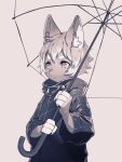  1boy :/ animal_ear_fluff animal_ears body_fur colored_tips fingernails fox_boy furry furry_male grey_background greyscale holding holding_umbrella looking_away male_focus monochrome multicolored_hair original raincoat sharp_fingernails short_eyebrows short_hair solo thick_eyebrows umbrella upper_body water_drop wet yuzu_shio 