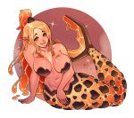  breasts highres large_breasts liquid_hair looking_at_viewer mermaid molten_rock monster_girl orange_eyes orange_hair original pasties pointy_ears ponytail ravenousruss shiny simple_background 