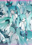  6+girls :| absurdres balabling black_skirt black_sleeves blue_eyes blue_hair blue_necktie blush breasts character_request closed_eyes closed_mouth collared_shirt commentary detached_sleeves dot_nose english_commentary expressionless facing_ahead from_above full_body green_hair grey_shirt hair_between_eyes hair_ornament hatsune_miku hatsune_miku_(append) hatsune_miku_(nt) hatsune_miku_(vocaloid3) hatsune_miku_(vocaloid4) hatsune_miku_(vocaloid4)_(chinese) hatsune_miku_happy_16th_birthday_-dear_creators- headphones highres long_hair long_sleeves looking_ahead looking_at_viewer magical_mirai_(vocaloid) magical_mirai_miku magical_mirai_miku_(2016) miku_symphony_(vocaloid) multiple_girls necktie number_tattoo piapro pleated_skirt shirt sidelocks skirt small_breasts tattoo tie_clip twintails v4x very_long_hair vocaloid walking white_shirt yuki_miku yuki_miku_(2011) 