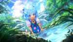  1girl animal artist_request blue_bow blue_dress blue_eyes blue_hair blush bow bug butterfly cirno collared_shirt day detached_wings dress eyebrows_visible_through_hair fairy flower hair_between_eyes hair_bow highres ice ice_wings morning_glory official_art open_mouth pink_flower puffy_short_sleeves puffy_sleeves river shirt short_hair short_sleeves smile solo sunflower tanned_cirno teeth third-party_source touhou touhou_danmaku_kagura upper_teeth water white_shirt wings yellow_flower 