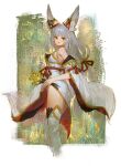  1girl animal_ears bangs blunt_bangs border breasts cat_ears daible detached_sleeves flower highres holding holding_flower long_hair looking_at_viewer nia_(xenoblade) painterly small_breasts solo thighhighs white_border white_legwear xenoblade_chronicles_(series) xenoblade_chronicles_2 yellow_eyes 