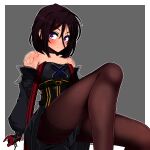  black_dress black_hair chain dress dungeon_and_fighter female_priest_(dungeon_and_fighter) gloves grey_background looking_at_viewer mistress_(dungeon_and_fighter) purple_eyes red_gloves seams short_hair sitting sss_(komojinos3) tattoo thighhighs 