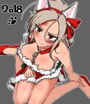  1girl angry animal_ears breasts chain choker cleavage dungeon_and_fighter facial_mark forehead_mark grey_hair headband high_heels large_breasts looking_up red_eyes santa_costume seria_kirmin sitting sss_(komojinos3) thighs 