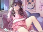  1girl akira_tooru bangs bed brown_hair cellphone collarbone commentary_request cushion earbuds earphones eyebrows_visible_through_hair highres jacket long_hair long_sleeves looking_at_viewer night nightgown original phone pillow pink_jacket pink_nightgown poster_(object) purple_eyes sitting sleep_mask sleepwear smartphone solo striped striped_jacket stuffed_animal stuffed_shark stuffed_toy twitter_username window 