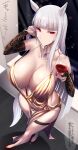  1girl absurdres alcohol animal_ears bangs bare_shoulders big_shine blunt_bangs blush breasts bridal_gauntlets cleavage closed_mouth commentary commentary_request eyebrows_visible_through_hair from_behind full_body gold_dress gold_ship_(umamusume) hand_in_own_hair highres horse_ears horse_girl horse_tail indoors large_breasts long_hair looking_at_viewer nail_polish red_eyes red_footwear red_nails solo standing tail thigh_strap thighs translation_request umamusume white_hair window wine 