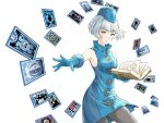  1girl absurdres black_pantyhose blue_dress blue_gloves blue_hat blunt_bangs bob_cut book breasts card closed_mouth commentary_request cowboy_shot death_(tarot) dress elizabeth_(persona) floating_card floating_clothes floating_hair gloves hat highres holding holding_book looking_at_viewer medium_breasts momo_oddeye open_book open_hand pantyhose persona persona_3 persona_3_reload short_hair sideboob sleeveless sleeveless_dress smile solo tarot tarot_card the_chariot_(tarot) the_fool_(tarot) the_hermit_(tarot) the_lovers_(tarot) the_magician_(tarot) the_moon_(tarot) the_star_(tarot) white_background yellow_eyes 