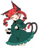  1girl ;d animal_ears black_bow blush bow braid cat_ears cat_tail contrapposto cowboy_shot cropped_legs dress extra_ears fang green_dress hair_bow highres ini_(inunabe00) kaenbyou_rin long_sleeves looking_at_viewer multiple_tails nekomata one_eye_closed open_mouth paw_pose puffy_sleeves red_eyes red_hair skin_fang smile solo tail touhou twin_braids 